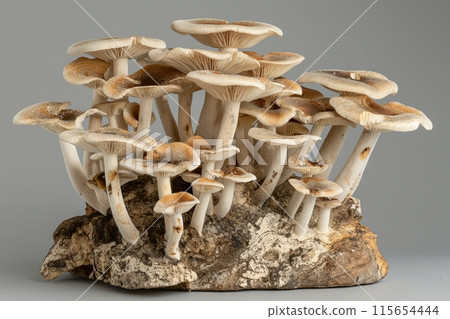 Cluster of beige mushrooms growing on a rugged rock, blending into the natural environment Cluster of beige mushrooms growing on a rugged rock, blending into the natural environment 115654444