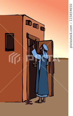 Vector drawing. The family fulfills God's command. Anoints the doorposts with the blood of the lamb 115654650