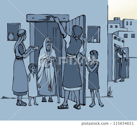 Vector drawing. The family fulfills God's command. Anoints the doorposts with the blood of the lamb 115654651