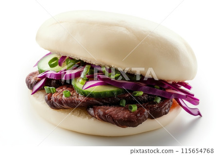 Platter of beef baos topped with sesame seeds and vibrant veggies 115654768