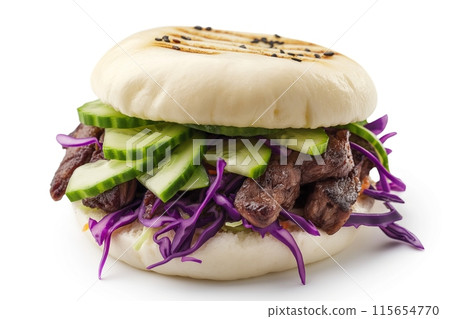 Bao with beef, cucumber, and purple cabbage on a simple white background Bao with beef, cucumber, and purple cabbage on a simple white background 115654770