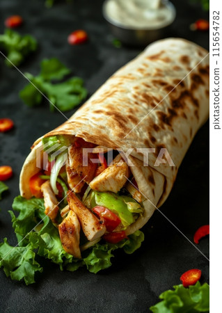 Moody lighting highlights a chicken wrap with fresh veggies and sauce 115654782