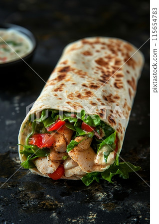 Spicy chicken wrap with fresh veggies and creamy sauce on black Spicy chicken wrap with fresh veggies and creamy sauce on black 115654783