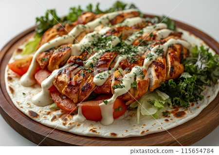 Open shawarma with drizzled sauce and fresh greens on a wooden plate 115654784