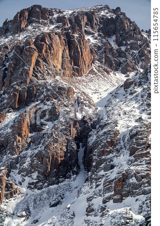 Scenic vertical background of reddish rock in the mountains of Central Asia Tien Shan range in Kazakhstan near Almaty. 115654785