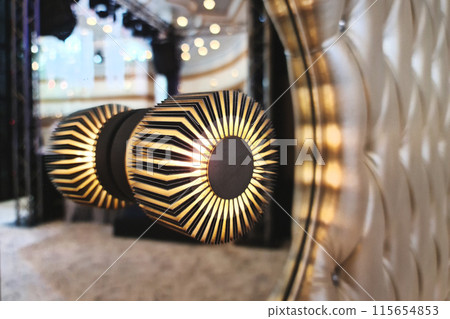 Modern wall lamp installed in a mirror in a luxurious hall interior. Modern wall lamp installed in a mirror in a luxurious hall interior. 115654853
