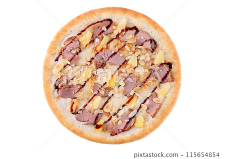 The most popular pizza with duck, pineapple and teriyaki sauce for a restaurant website or food delivery The most popular pizza with duck, pineapple and teriyaki sauce for a restaurant website or food delivery 115654854