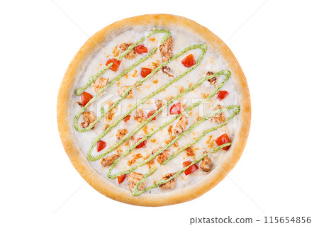Top Selling Pizza with Chicken and Pesto Sauce on a White Background Top Selling Pizza with Chicken and Pesto Sauce on a White Background 115654856