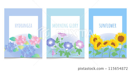 Flower frame: Morning glory, sunflower, hydrangea 115654872