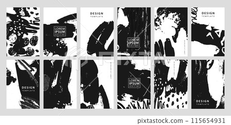 Vector set of ink brush backgrounds, abstract stroke grunge design, modern cards, black and white borders. Splash style, creative posters. Vector set of ink brush backgrounds, abstract stroke grunge design, modern cards, black and white borders. Splash style, creative posters. 115654931