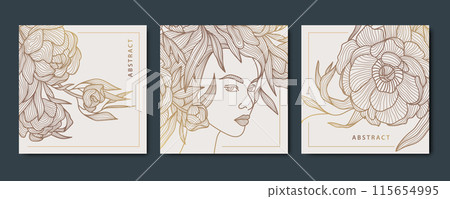 Vector woman face with chinese rose line design, beauty nature logo, female hair salon prints. Floral fashion illustrations, cosmetic, spa, care drawing 115654995