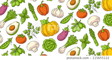 Vegetables seamless pattern, isolated white background. Veggies colorful vector icons set, horizontal banner. Organic food, natural eco product, harvesting. For cover, wrapping paper, textile print 115655122