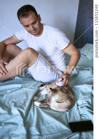 a man massages a cat with a head massager a man massages a cat with a head massager 115655248