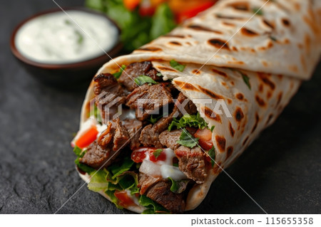 Appetizing beef shawarma wrap with vibrant vegetables and a creamy topping 115655358