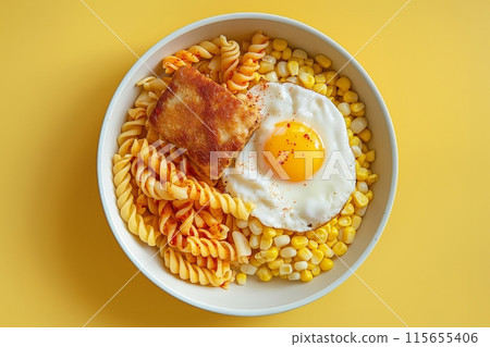 Twisty pasta with a sunny side up egg, crispy ham and corn on a vibrant yellow background 115655406