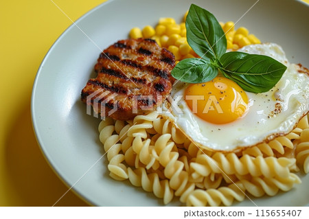 Delicious fusilli pasta topped with a sunny-side-up egg and grilled patty, garnished with basil 115655407