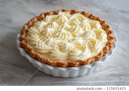 Elegant cream rosettes top this luscious pie, served in a white dish on a marble surface Elegant cream rosettes top this luscious pie, served in a white dish on a marble surface 115655425