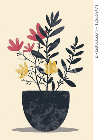 Simple botanical illustration with pink and yellow leaves in a dark pot Simple botanical illustration with pink and yellow leaves in a dark pot 115655471