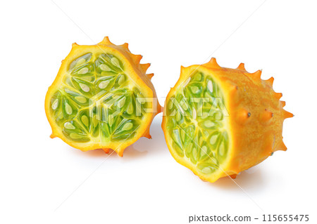 Kiwano or African horned melon slices isolated on white background Kiwano or African horned melon slices isolated on white background 115655475