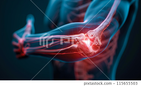 A 3D model of an elbow joint is shown, highlighting areas of pain and inflammation with bright red and orange colors. Generative AI. 115655503