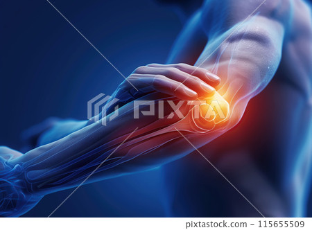 A 3D model of an elbow joint is shown, highlighting areas of pain and inflammation with bright red and orange colors. Generative AI. 115655509
