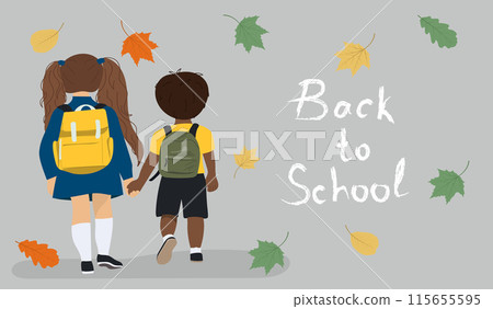 Pupils with backpack go to school hoding hands.  115655595