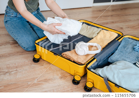 Hand, woman and suitcase for travel, adventure and holiday before leaving for vacation 115655706