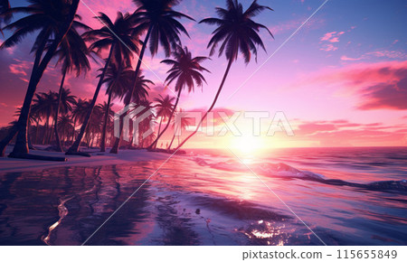 Twilight on the beach. Colorful pink sunset on tropical ocean beach with coconut palm trees silhouettes. 115655849