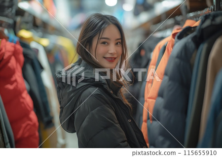 Woman in a winter jacket shopping for clothes in a cozy second hand shop 115655910