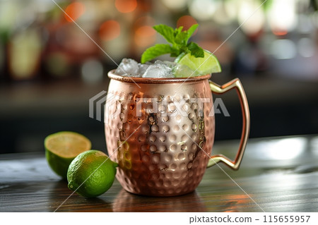 Moscow Mule in a copper mug with lime and mint, served on a wooden bar counter 115655957
