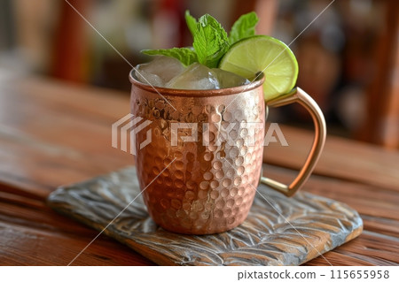 Copper mug on a rustic coaster, filled with a lime and mint cocktail, ideal for summer refreshment 115655958