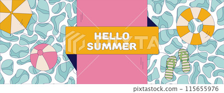 hello summer vector design. retro text in pool of water with beach elements simple 115655976