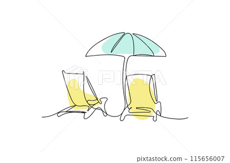 Beach umbrella, beach chair hand drawn. Single line drawing of summer design. Beach umbrella, beach chair hand drawn. Single line drawing of summer design. 115656007