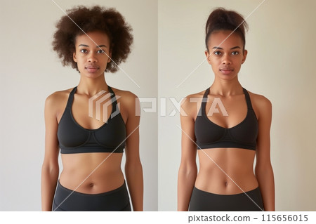 Fit woman before and after weight loss in a black sports bra, showing results 115656015