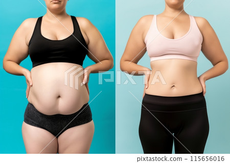 Womans body transformation, before and after weight loss 115656016