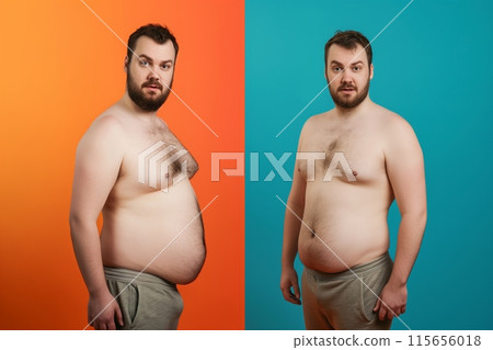 Mans health transformation depicted in before and after images, showing weight loss Mans health transformation depicted in before and after images, showing weight loss 115656018