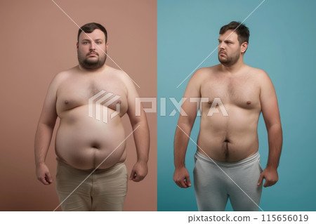 Dramatic weight transformation shown in before and after photos of a man 115656019
