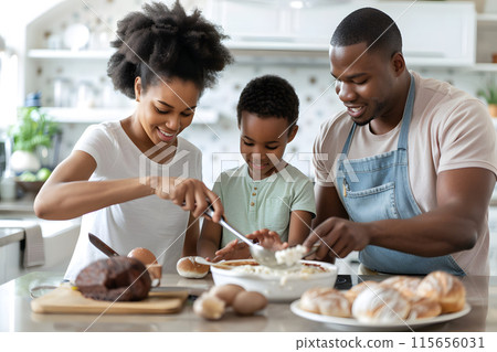 Parents and Children Preparing Breakfast Together for Better Breakfast Month 115656031