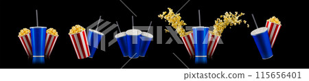 Paper striped bucket with popcorn and cup of drink isolated on black Paper striped bucket with popcorn and cup of drink isolated on black 115656401