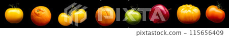 Set of tomatoes. oranges and apples isolated on black background Set of tomatoes. oranges and apples isolated on black background 115656409