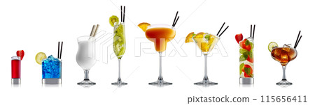 Set of cocktails with decoration from fruits isolated on white background Set of cocktails with decoration from fruits isolated on white background 115656411