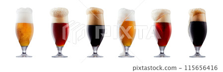 Set of beer cocktails with foam isolated on white background Set of beer cocktails with foam isolated on white background 115656416