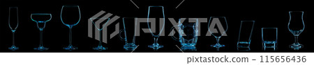 Silhouette of multicolor different glasses on black background Silhouette of multicolor different glasses on black background 115656436