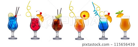Set of cocktails with decoration from fruits isolated on white background Set of cocktails with decoration from fruits isolated on white background 115656439