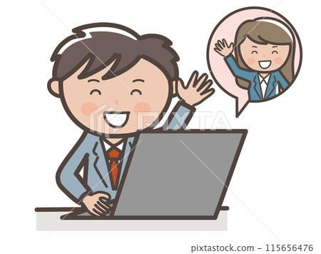 一位男性商人從laptop.ai遠端問候的插圖 一位男性商人從laptop.ai遠端問候的插圖 115656476