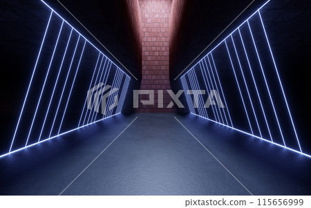 Dark brick room with neon lines, 3d rendering. Dark brick room with neon lines, 3d rendering. 115656999