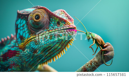 A chameleon catches a grasshopper with its long, sticky tongue. The hunting skills of the chameleon and its ability to blend into its surroundings. Generative AI. 115657381