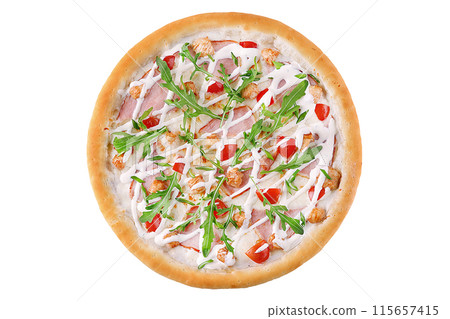 Top Views of Pizza with chicken Ranch for Food Delivery Site or Pizzeria Top Views of Pizza with chicken Ranch for Food Delivery Site or Pizzeria 115657415