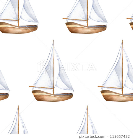 Sailing ship vintage style watercolor seamless pattern isolated on white. Sailboat, vessel, sea transport hand drawn endless background. Childish nautical design for boy's room, textile Sailing ship vintage style watercolor seamless pattern isolated on white. Sailboat, vessel, sea transport hand drawn endless background. Childish nautical design for boy's room, textile 115657422