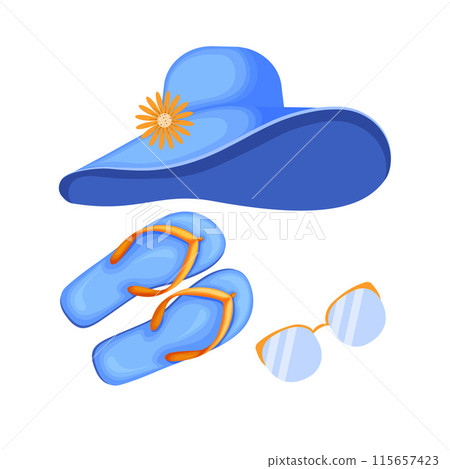 Beach accessories. A set of beach items such as a swimsuit, flip-flops, sunglasses and a beach hat. Clothes for a beach holiday. Vector illustration. Beach accessories. A set of beach items such as a swimsuit, flip-flops, sunglasses and a beach hat. Clothes for a beach holiday. Vector illustration. 115657423